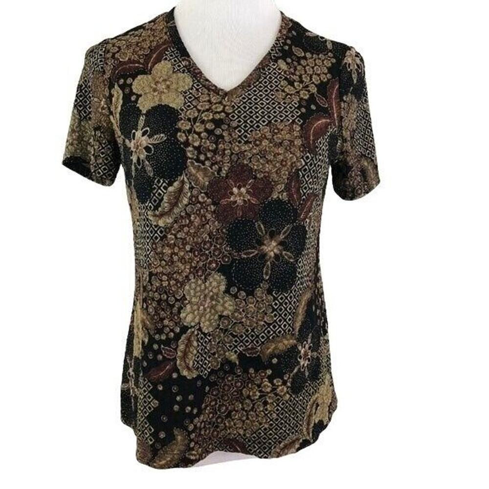 Slinky Textured Floral Blouse Short Sleeves Size Small Brown White Stag